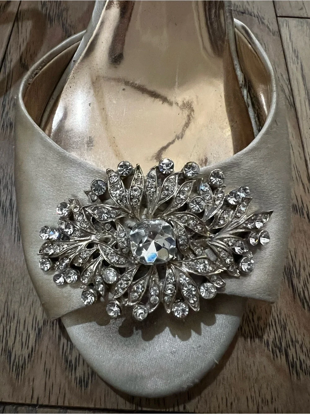 Badgley Mischka Ivory Satin Wedge Sandal with Crystal Embellishment